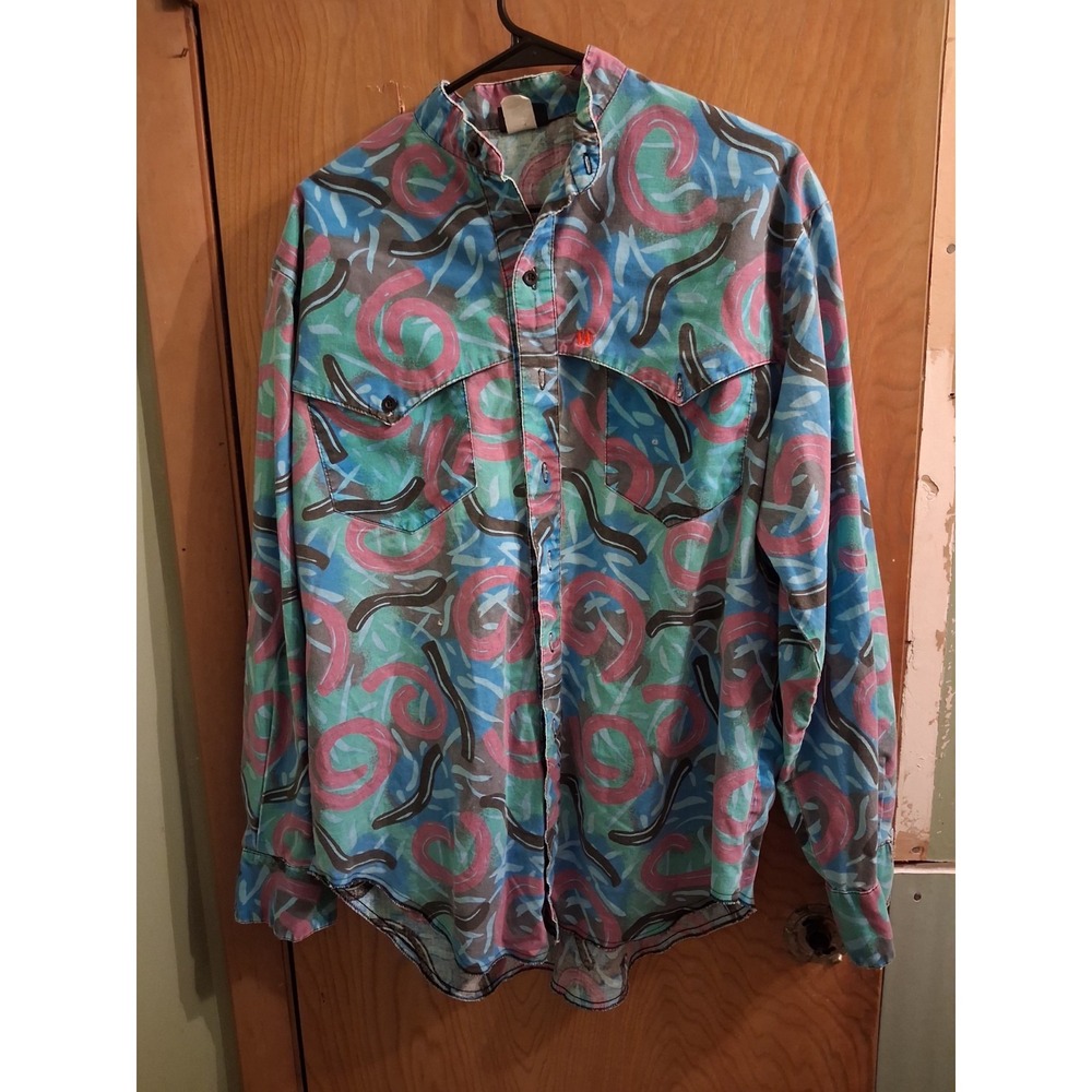 1980's-1990's The Look Abstract Swirl Button Up Memphis Print W/capelety Yoke...